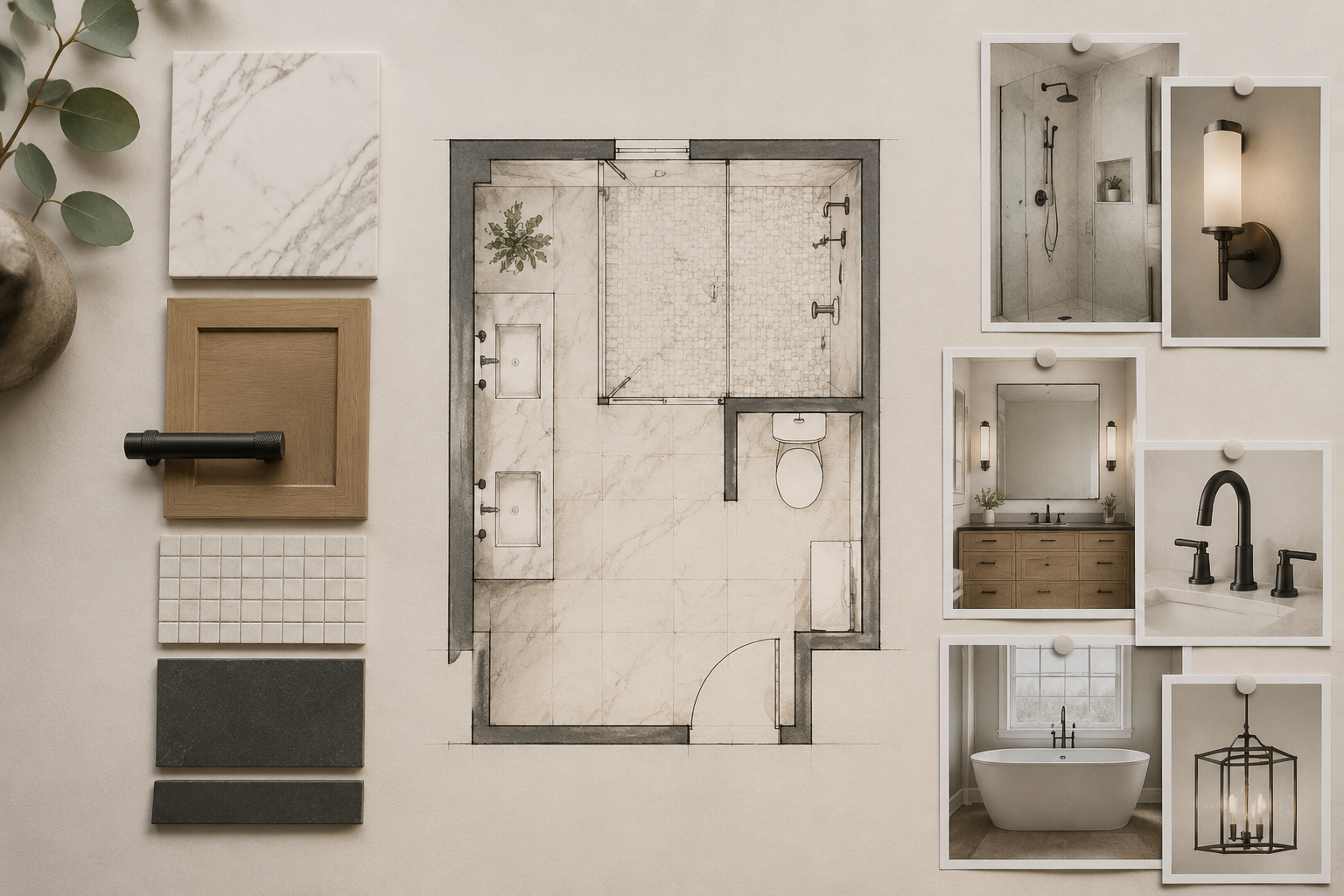 Bathroom schematic floor plan with material and fixture cards
